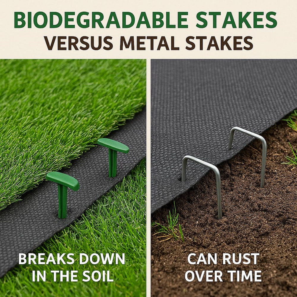 GreenStake compared with metal staple showing safer, non-rusting benefit