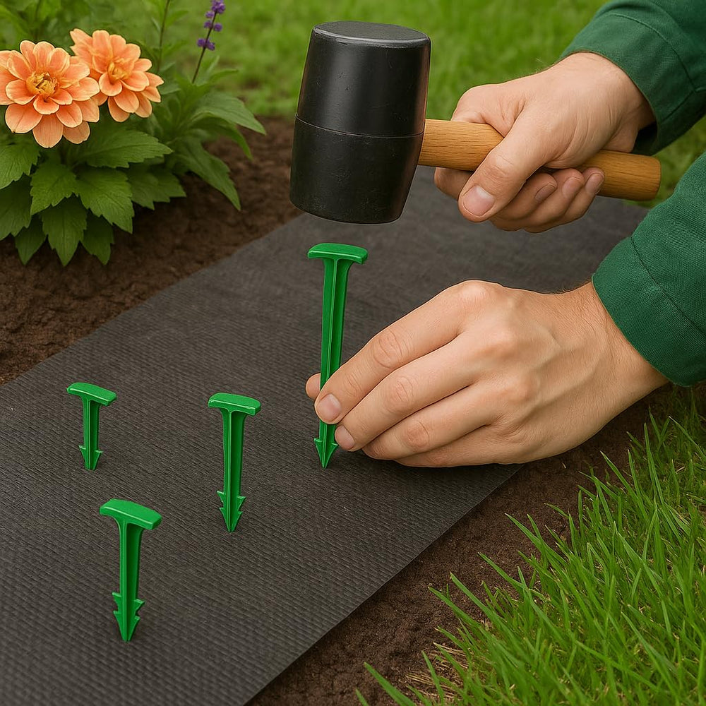GreenStake pins securing landscape fabric showing reduced lifting and trips