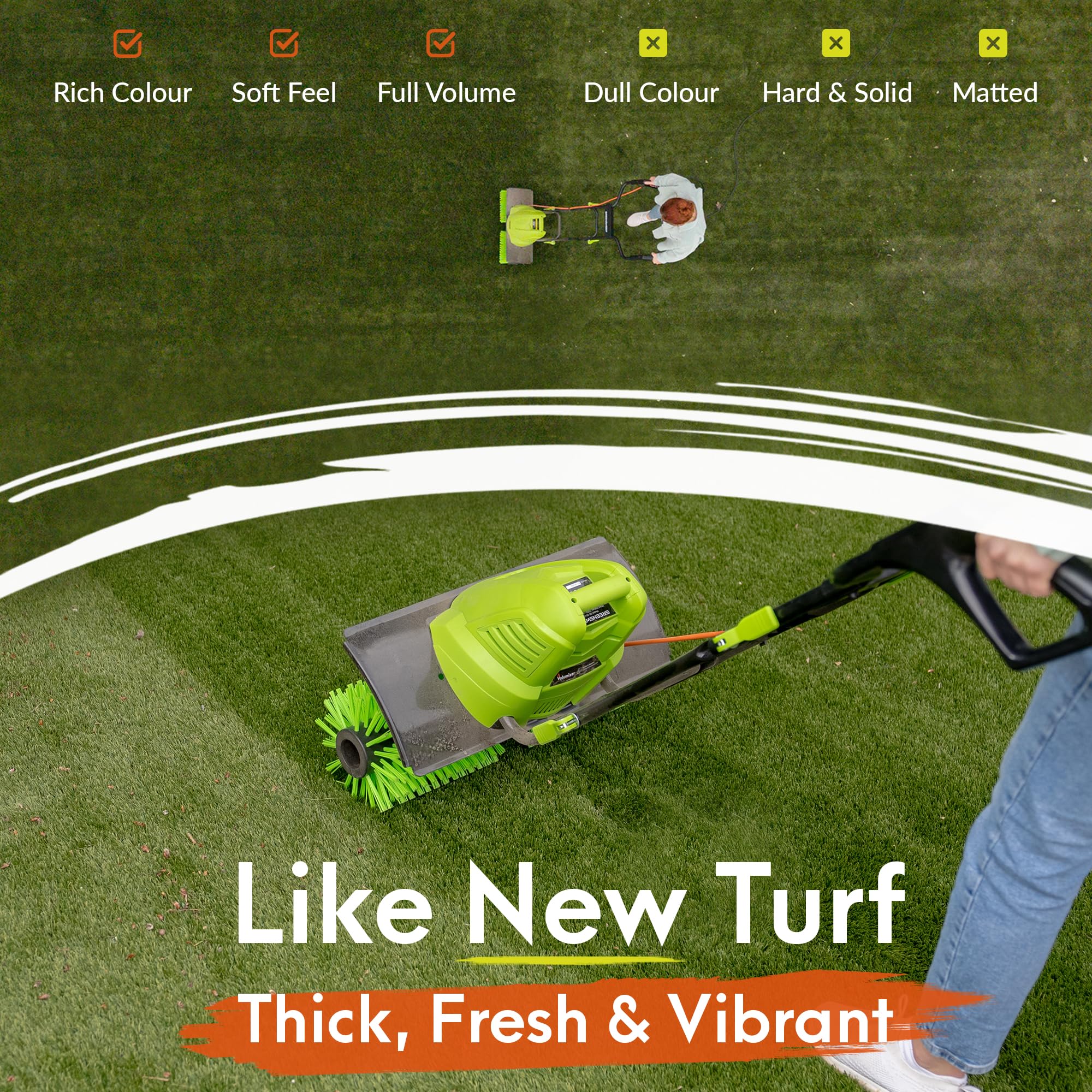 GreenSweep close-up of rotating brush revealing bristles lifting turf fibers