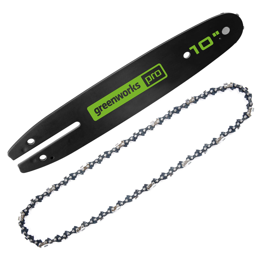 Greenworks 10 inch bar and chain front view showing fit and completeness benefit