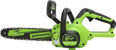Greenworks 12-inch chainsaw front view showing compact design and portability benefit