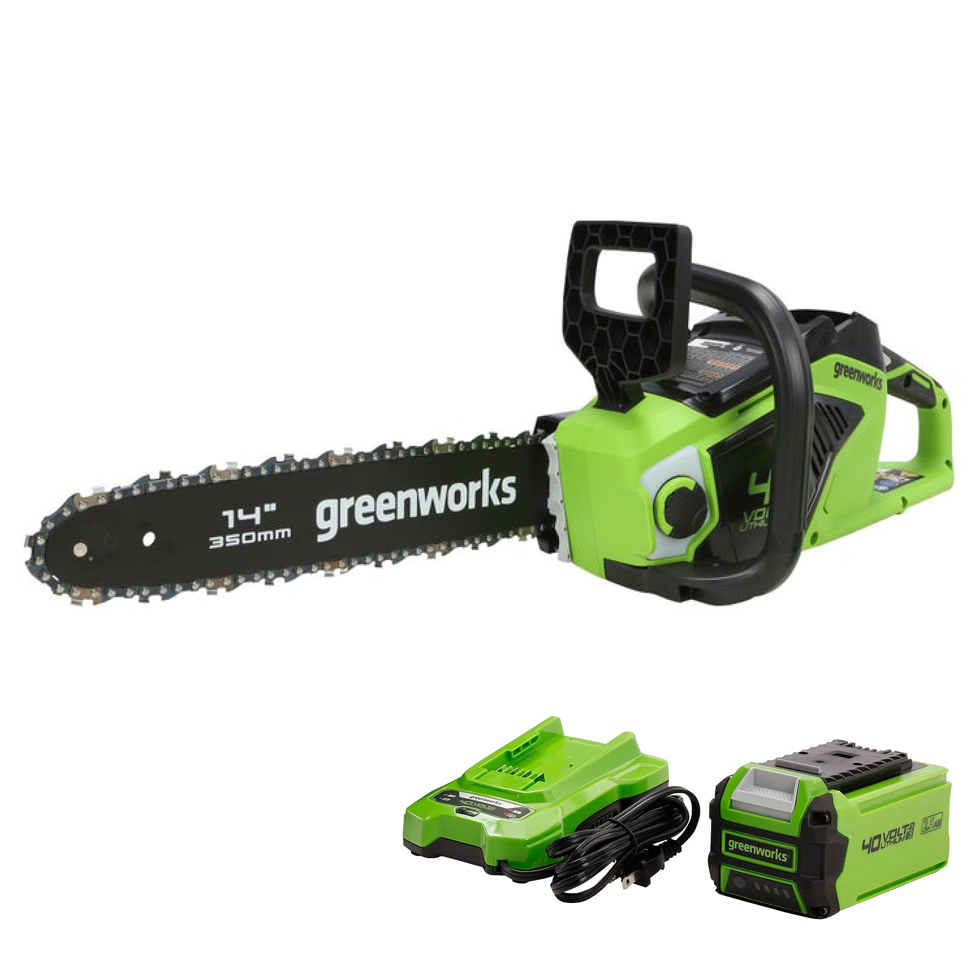 Greenworks 14-inch front angle view showing compact cordless design and portability