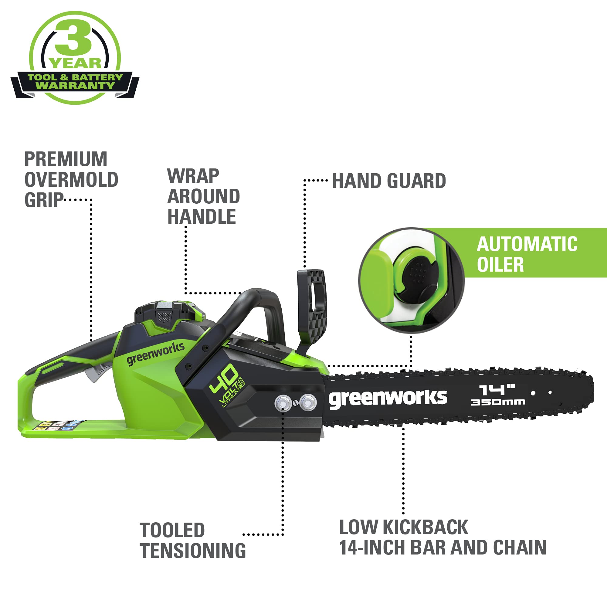 Greenworks close-up of bar and chain highlighting sharp cutting teeth and durability