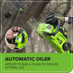 Greenworks close-up of 18-inch bar and chain for precise cutting performance