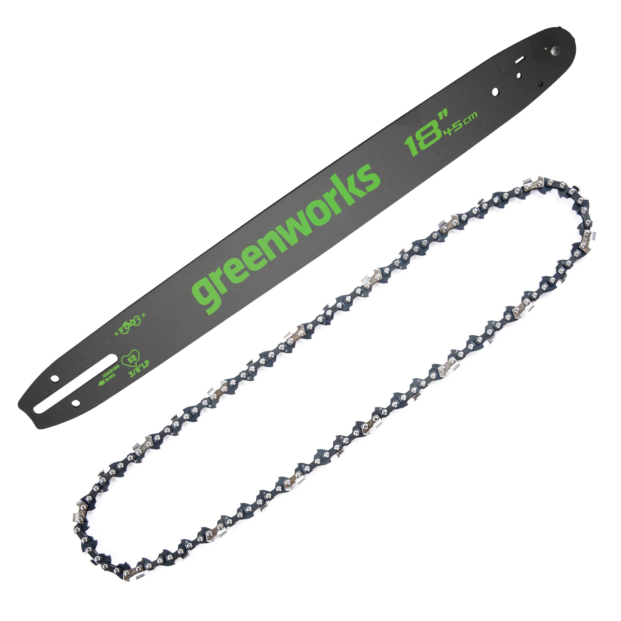 Greenworks 18-inch bar and chain front packaging showing kit and brand benefit