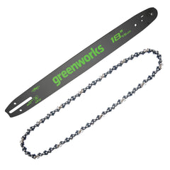 Greenworks 18-inch bar and chain front packaging showing kit and brand benefit