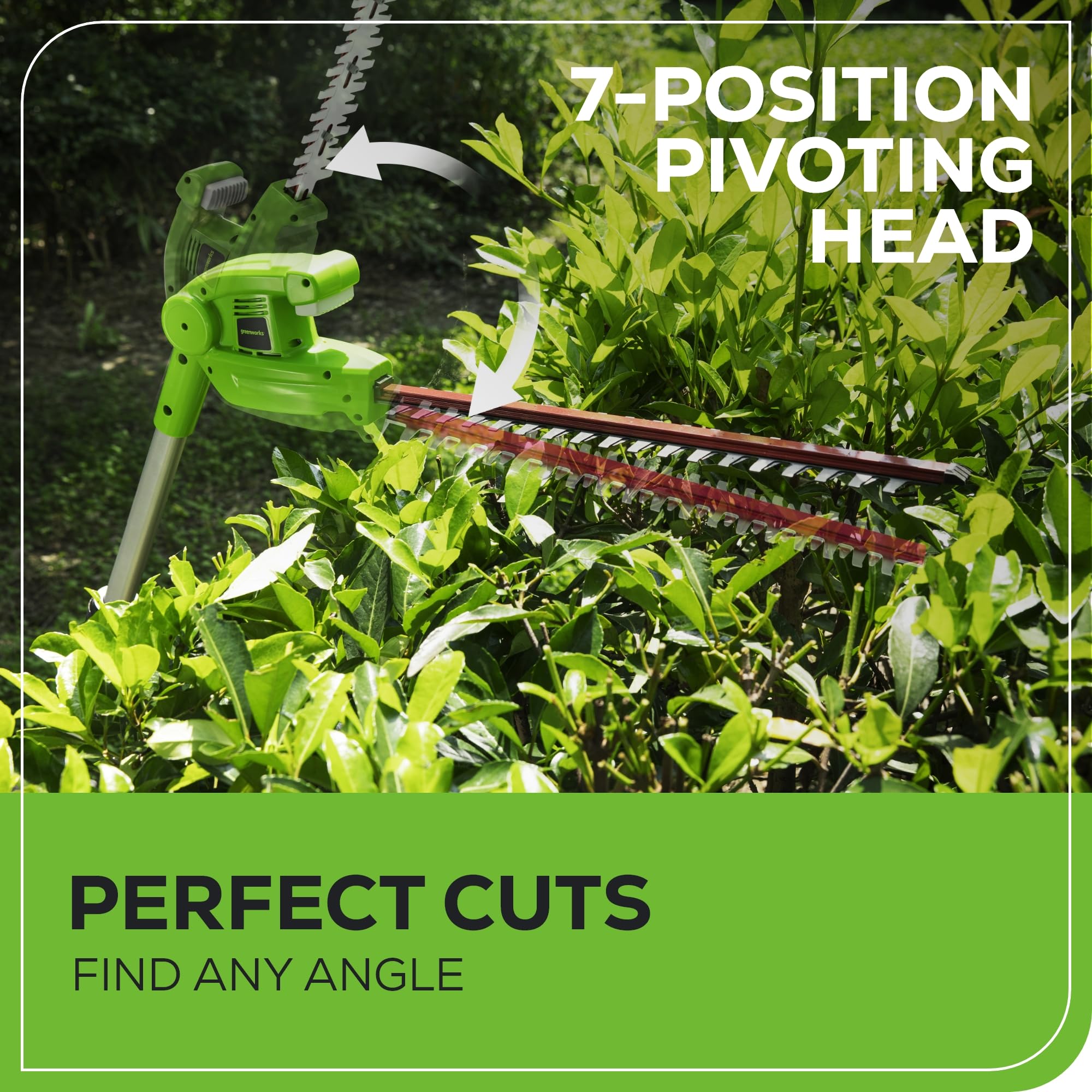 Greenworks dual-action 20-inch blade close-up, showing durable steel and smooth cuts