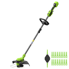 Greenworks 24V front view showing compact trimmer and ergonomic handle benefit: easy handling