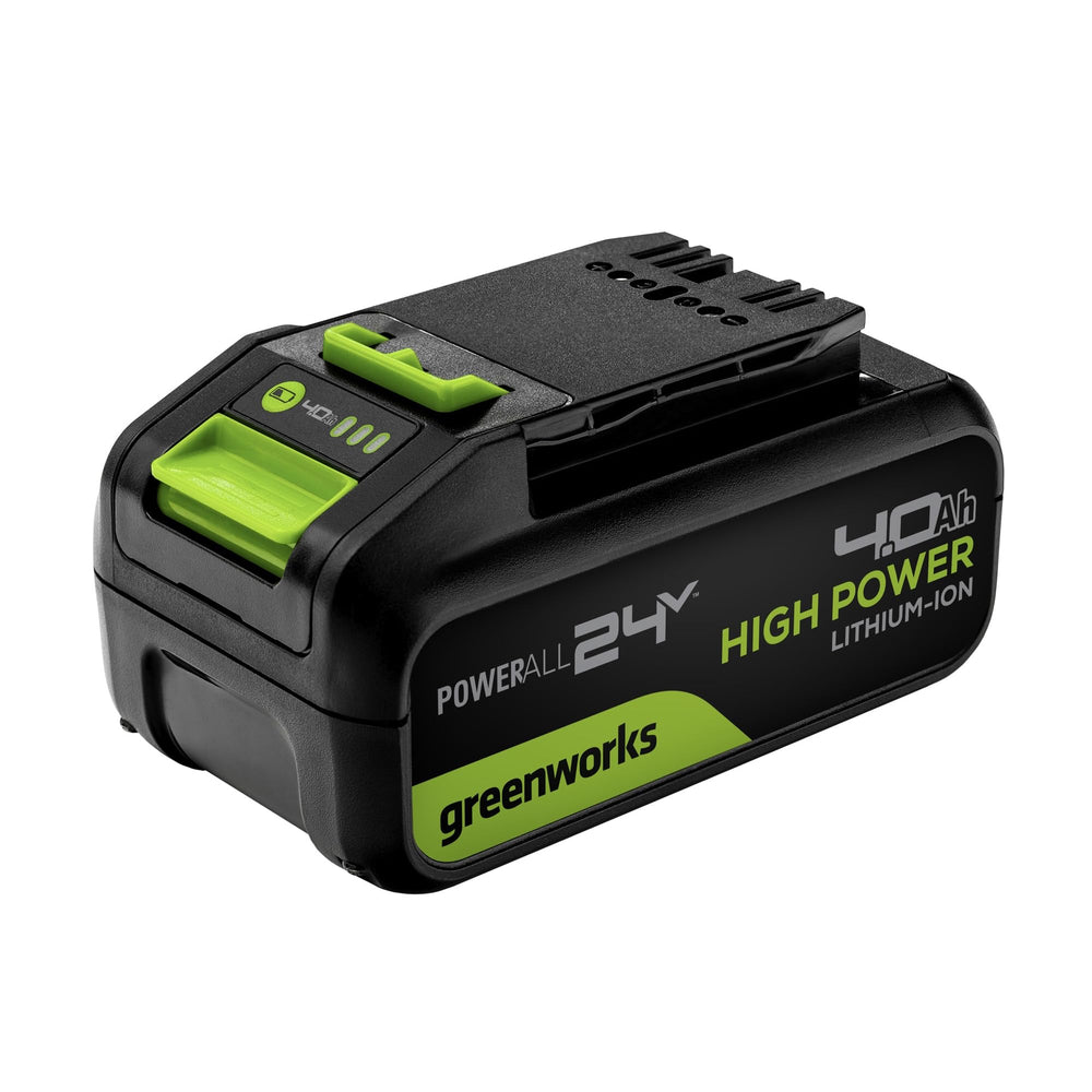 Greenworks 24V 4.0Ah front view showing battery form factor and quick-install benefit