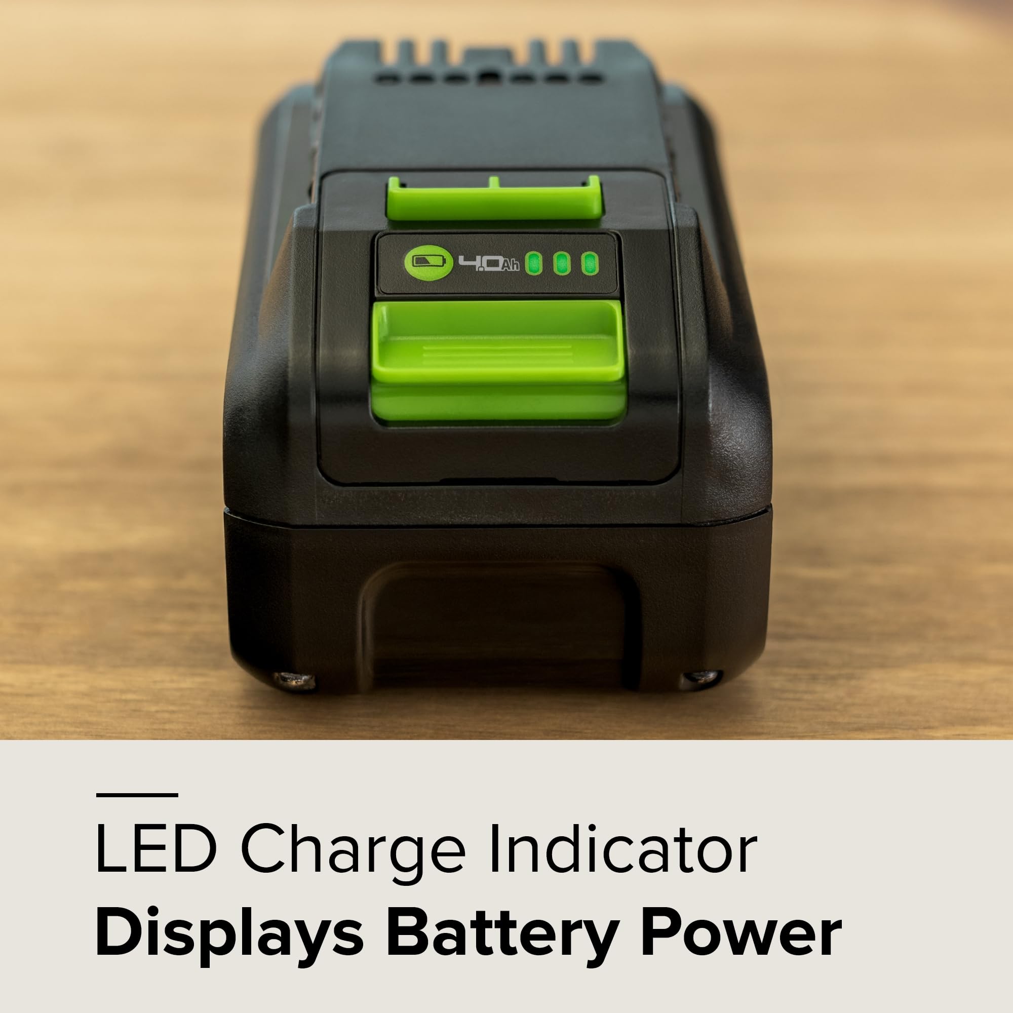 Greenworks 24V 4.0Ah LED indicator lit giving instant charge-level feedback benefit
