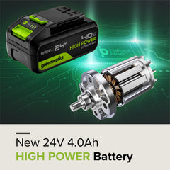 Greenworks 24V 4.0Ah side label close-up showing specs and model identification benefit
