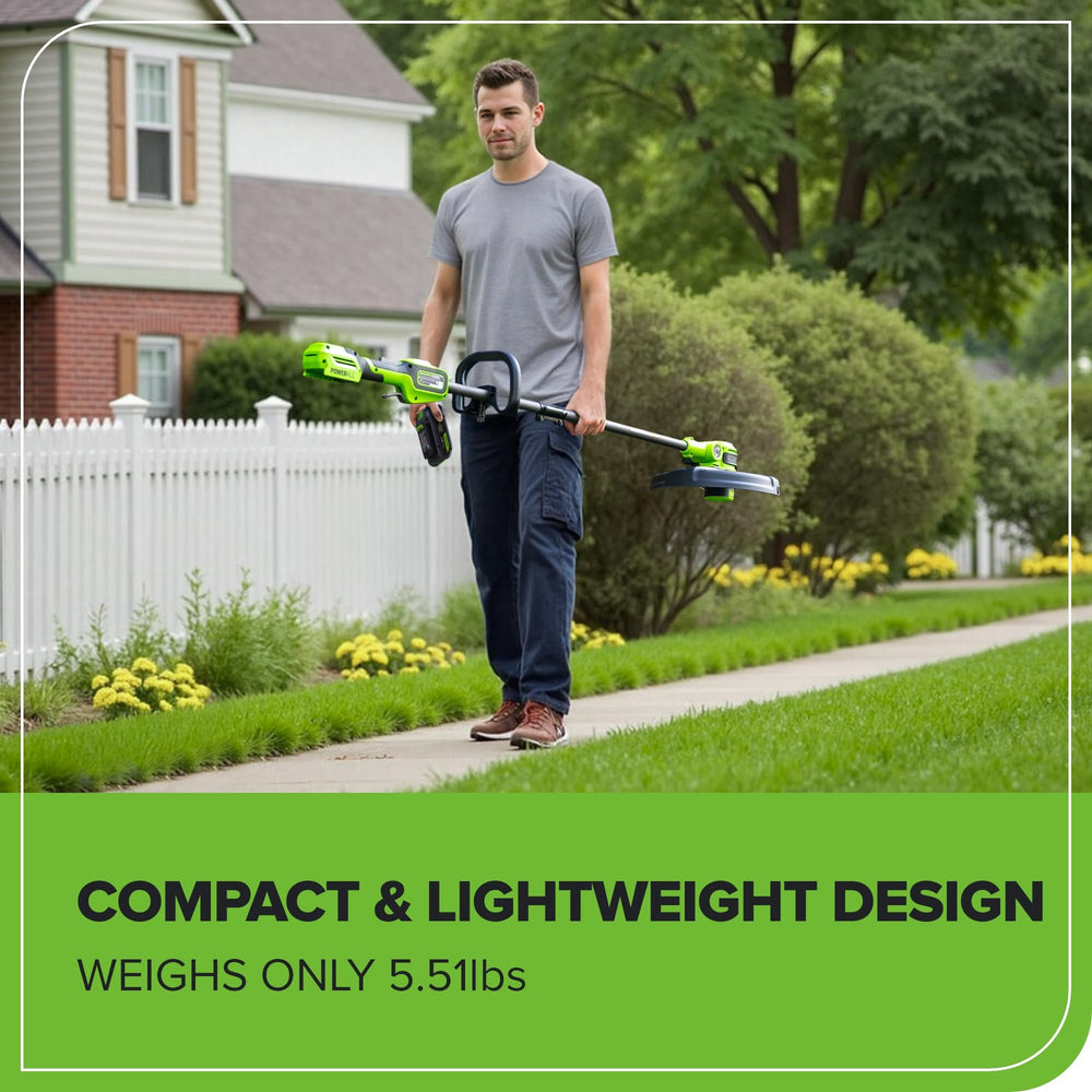 Greenworks edging mode along lawn border showing precision benefit: crisp edges