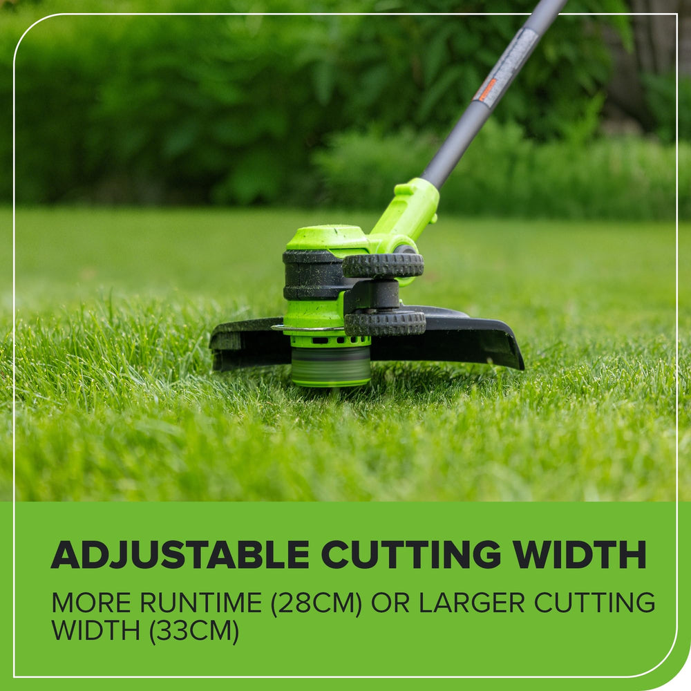 Greenworks in use cutting overgrown weeds showing power benefit: clears heavy growth