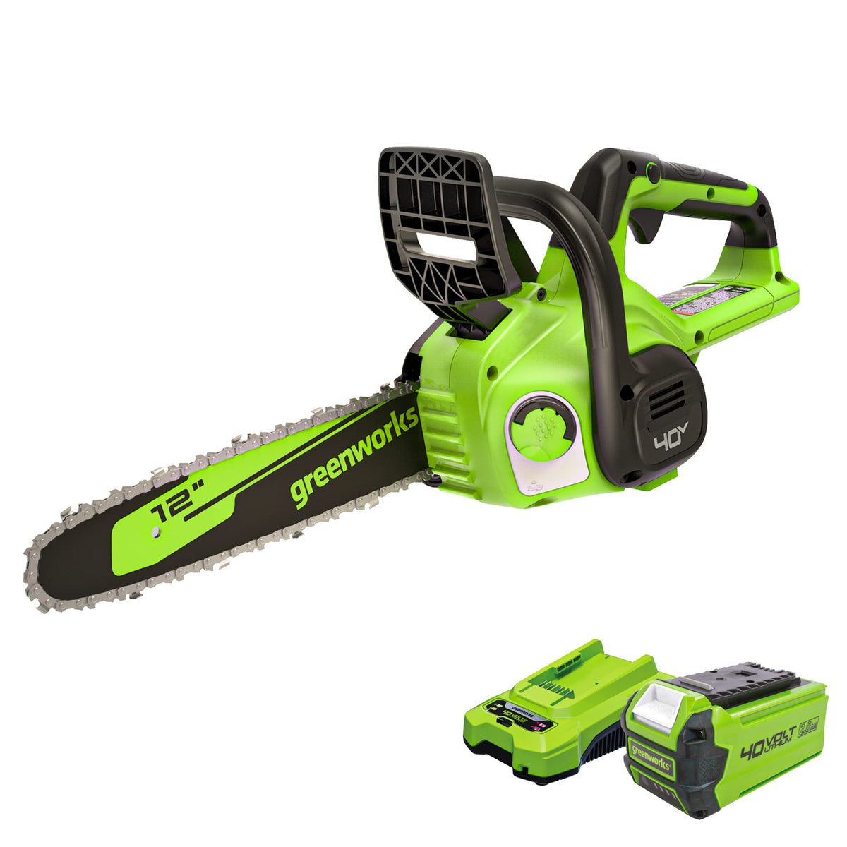Greenworks 40V chainsaw front view showing compact design and wrapped grip benefit