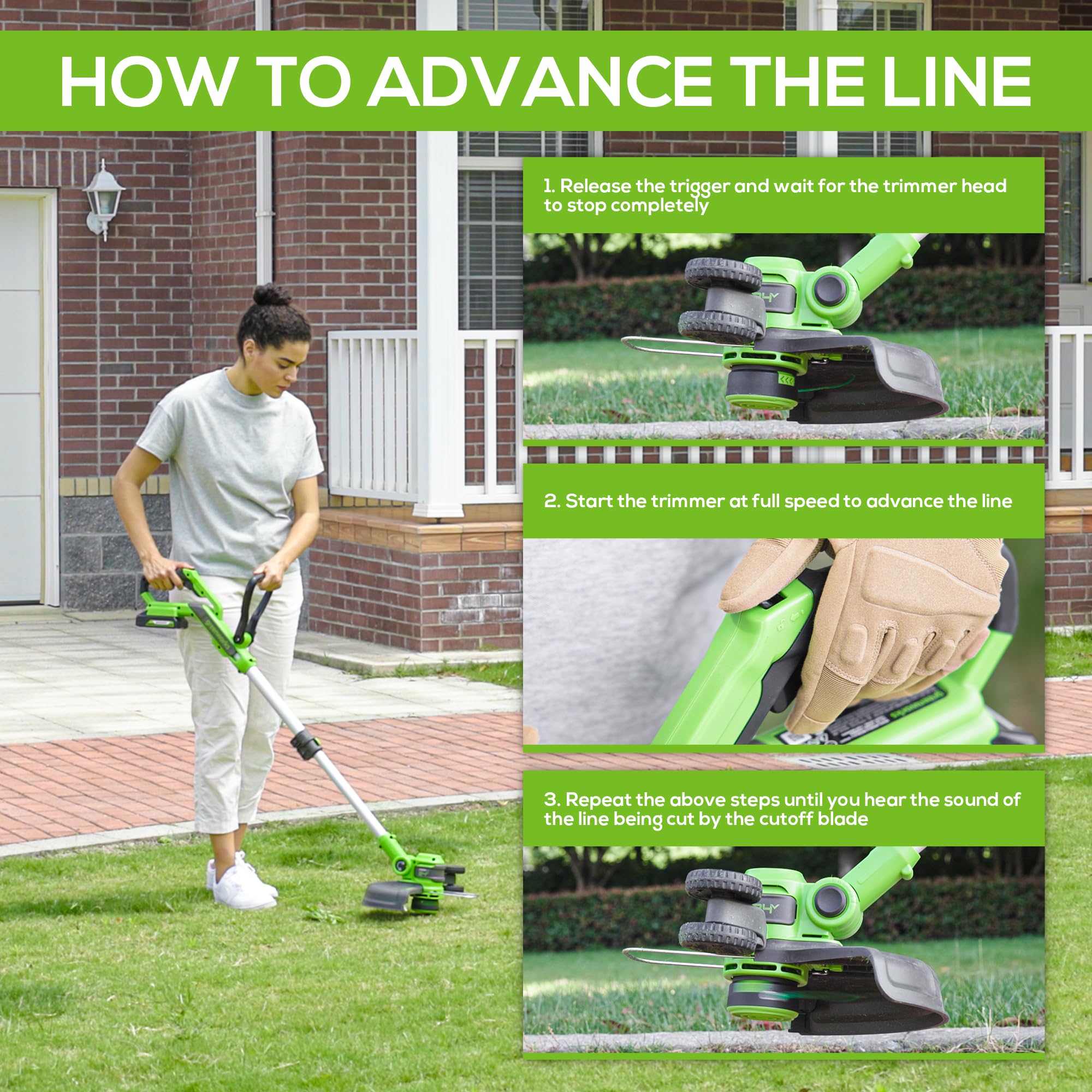Greenworks trimmer edge mode side view showing straight lawn edging and tidy borders
