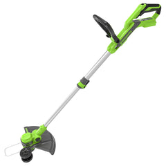 Greenworks front view of 13-inch cordless trimmer showing compact lightweight design and portability