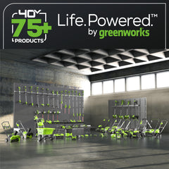 Greenworks telescoping shaft detail showing adjustable aluminum shaft for customized height and comfort