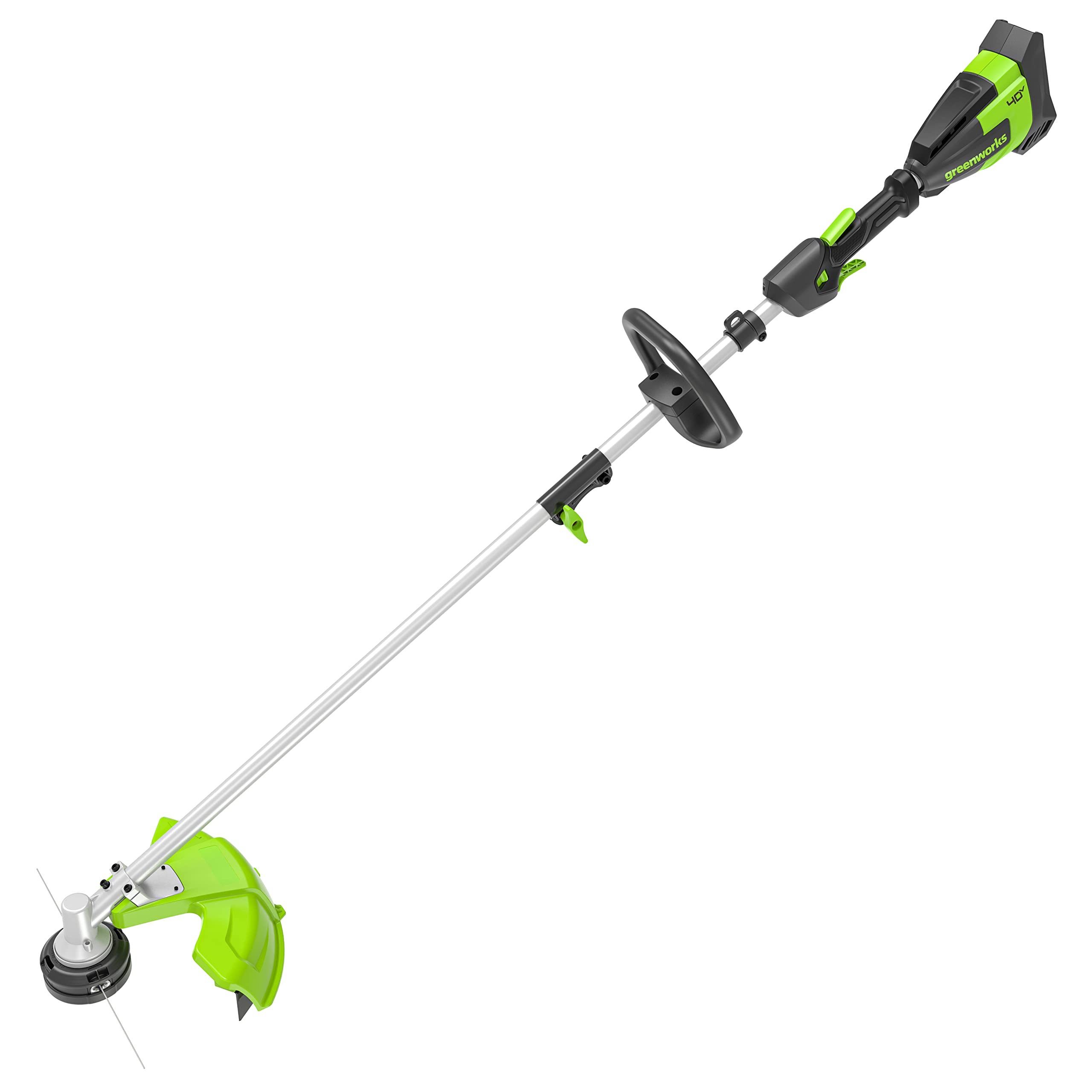 Greenworks trimmer front view showing compact design and balance