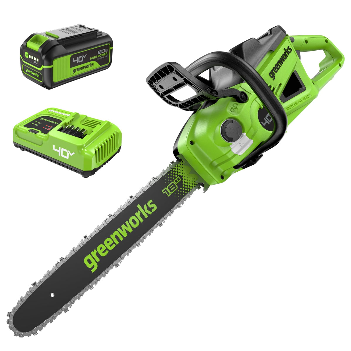 Greenworks 40V chainsaw front angle showing compact design and portability