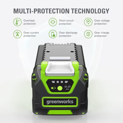 Greenworks battery installed in mower delivering consistent power