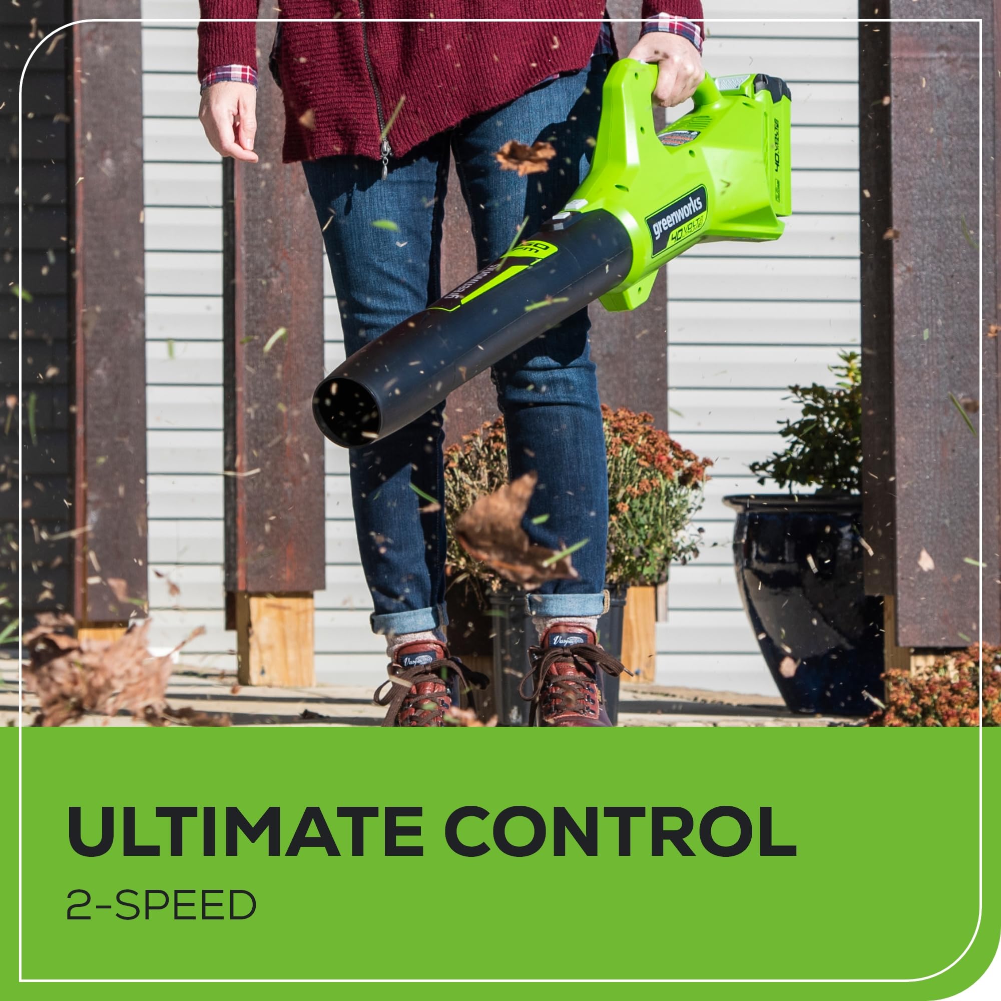 Greenworks blower with 2.0Ah battery inserted showing quick-start convenience