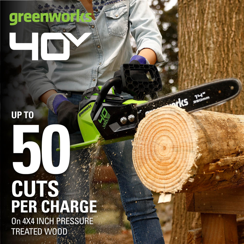 Greenworks 40V battery installed on chainsaw showing quick swap convenience