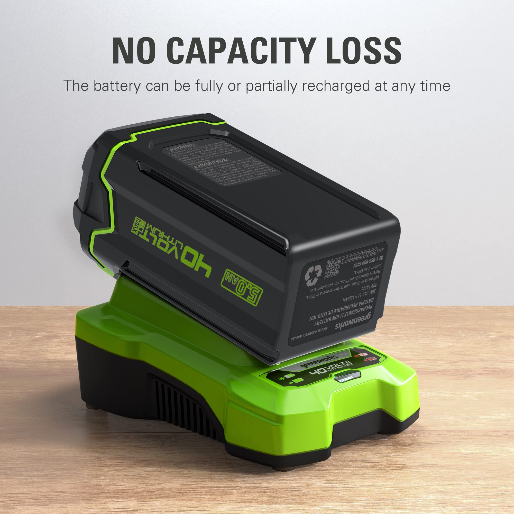 Greenworks battery label detail highlighting 40V 5.0Ah specs