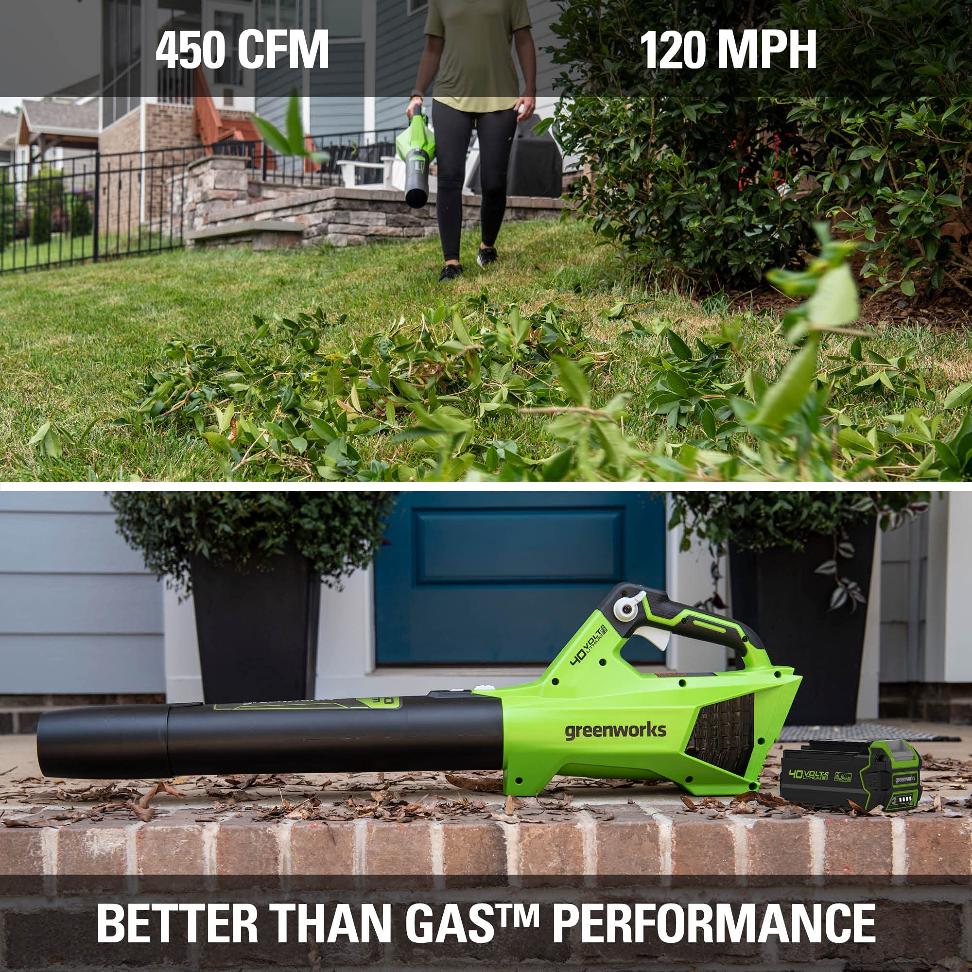 Greenworks battery bay open showing compatibility with 40V batteries for longer runtime