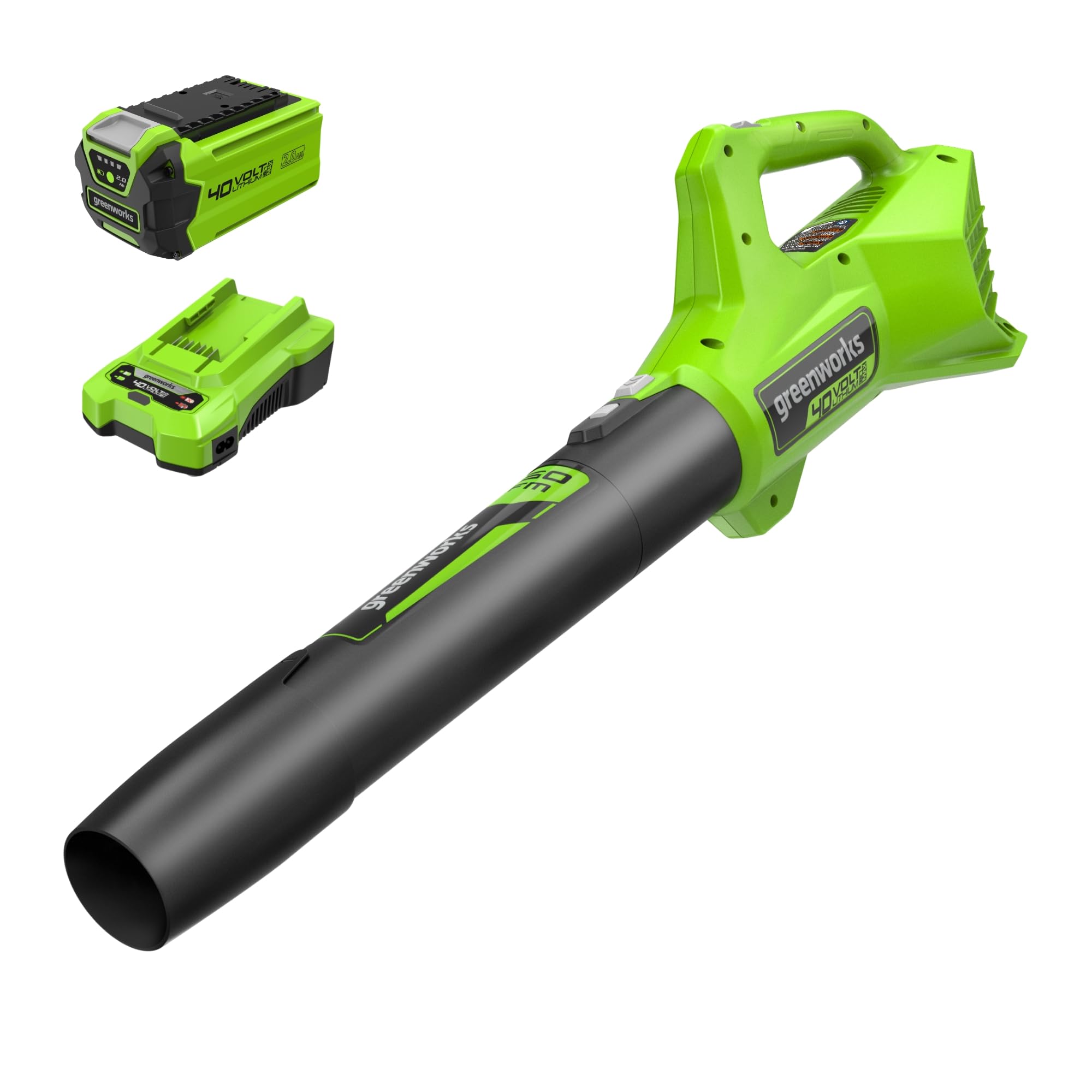 Greenworks blower front view showing compact design and powerful airflow benefit
