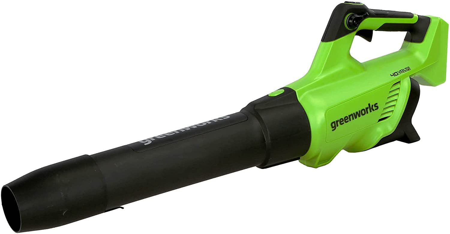 Greenworks blower front view showing compact design and fast clearing benefit