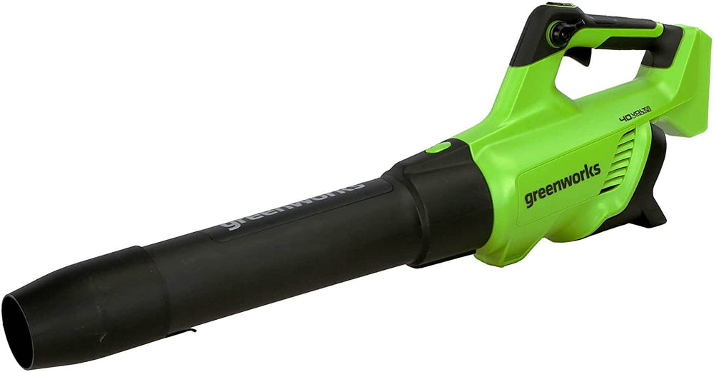 Greenworks blower front view showing compact design and fast clearing benefit