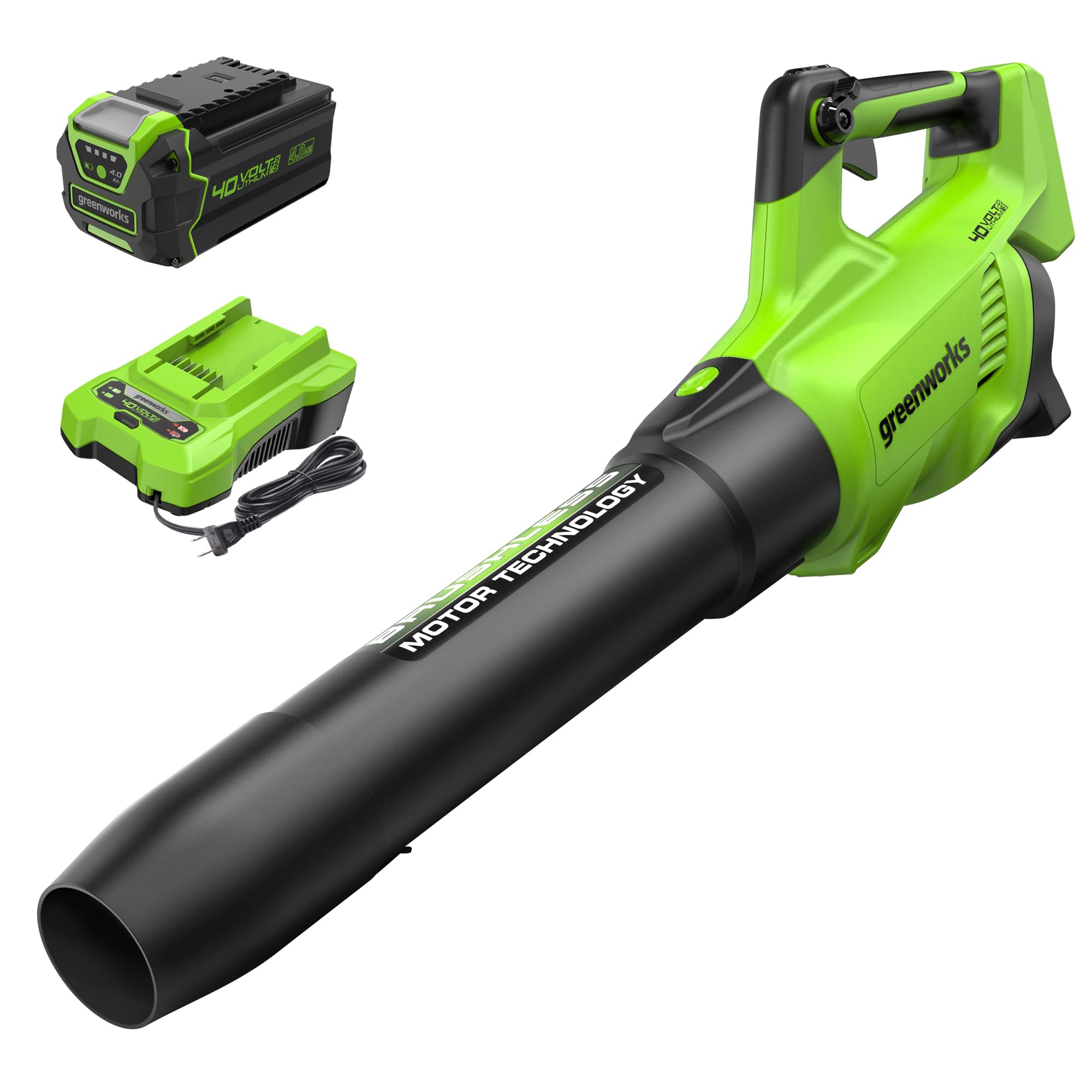 Greenworks blower front view showing compact design and fast clearing