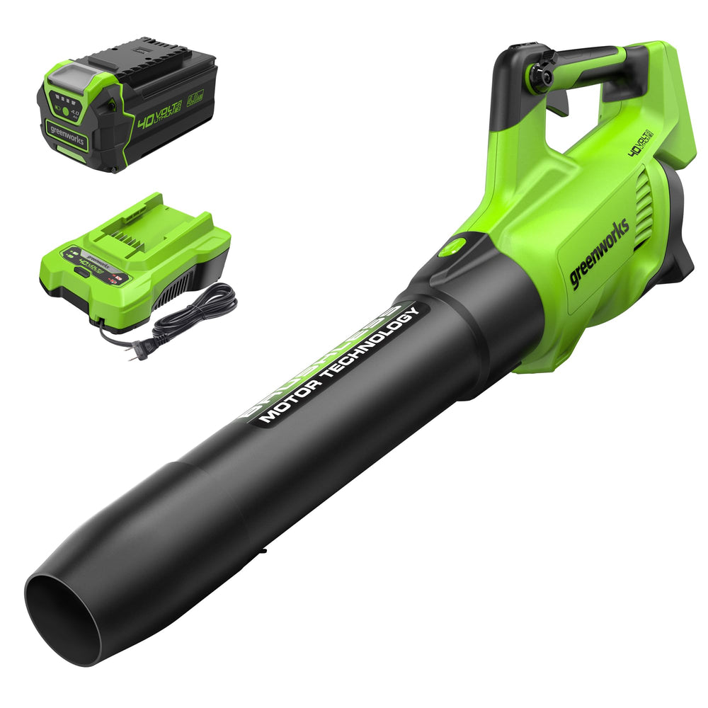 Greenworks blower front view showing compact design and fast clearing
