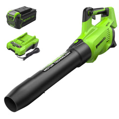 Greenworks blower front view showing compact design and fast clearing