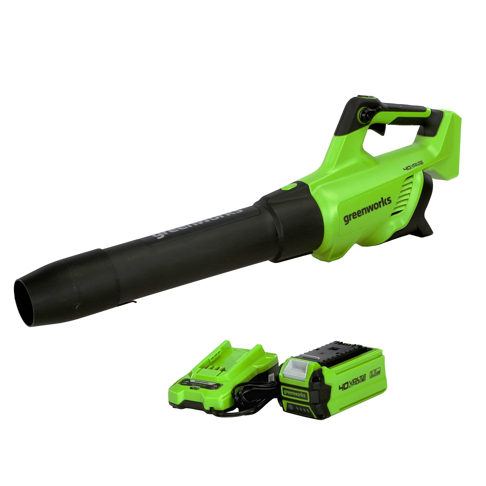 Greenworks front view of blower showing design and fast clearing benefit