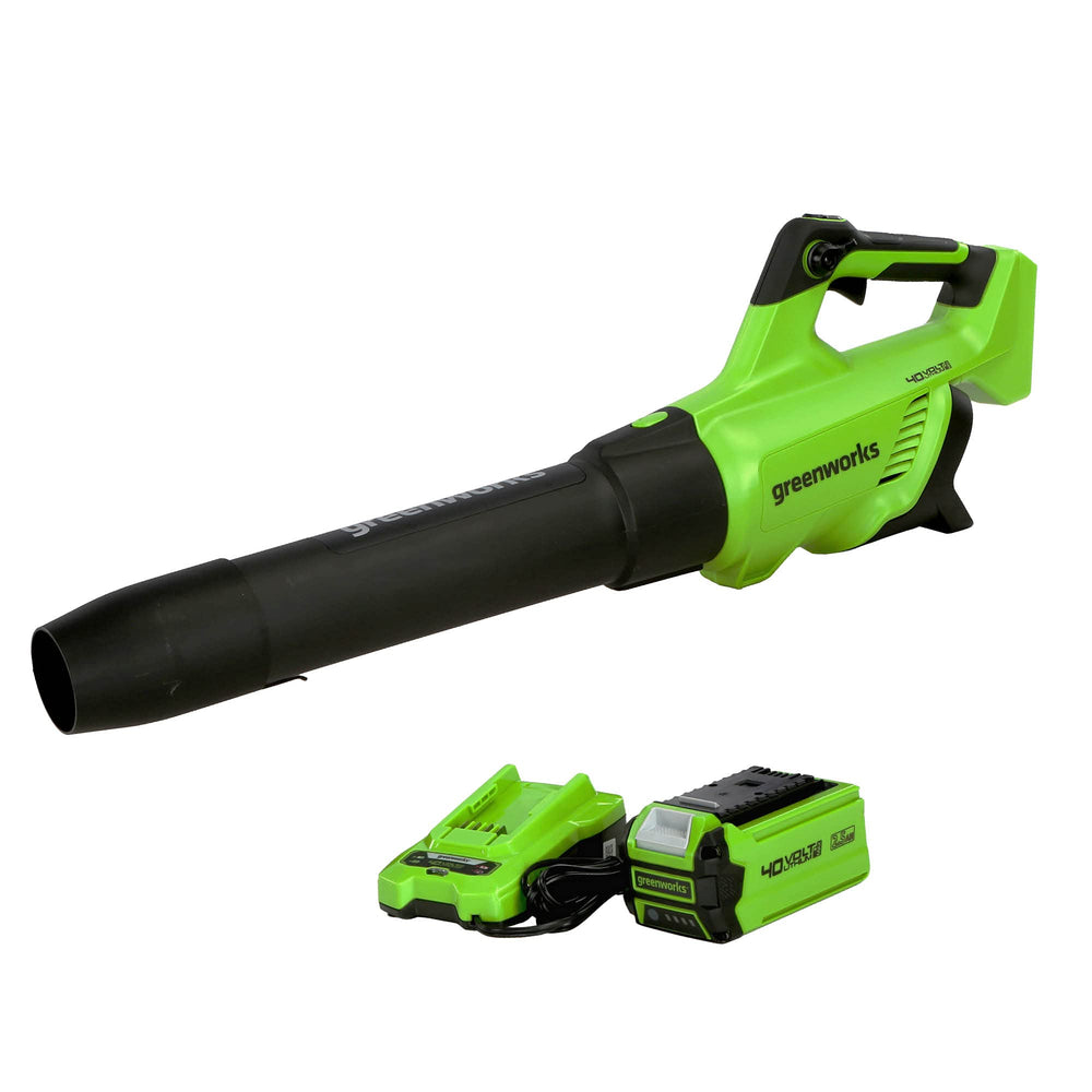 Greenworks front view of blower showing design and fast clearing benefit