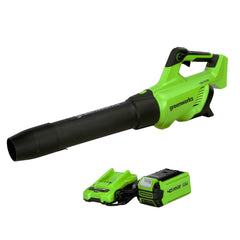 Greenworks front view of blower showing design and fast clearing benefit