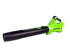 Greenworks 40V blower front view showing compact design and fast debris clearing