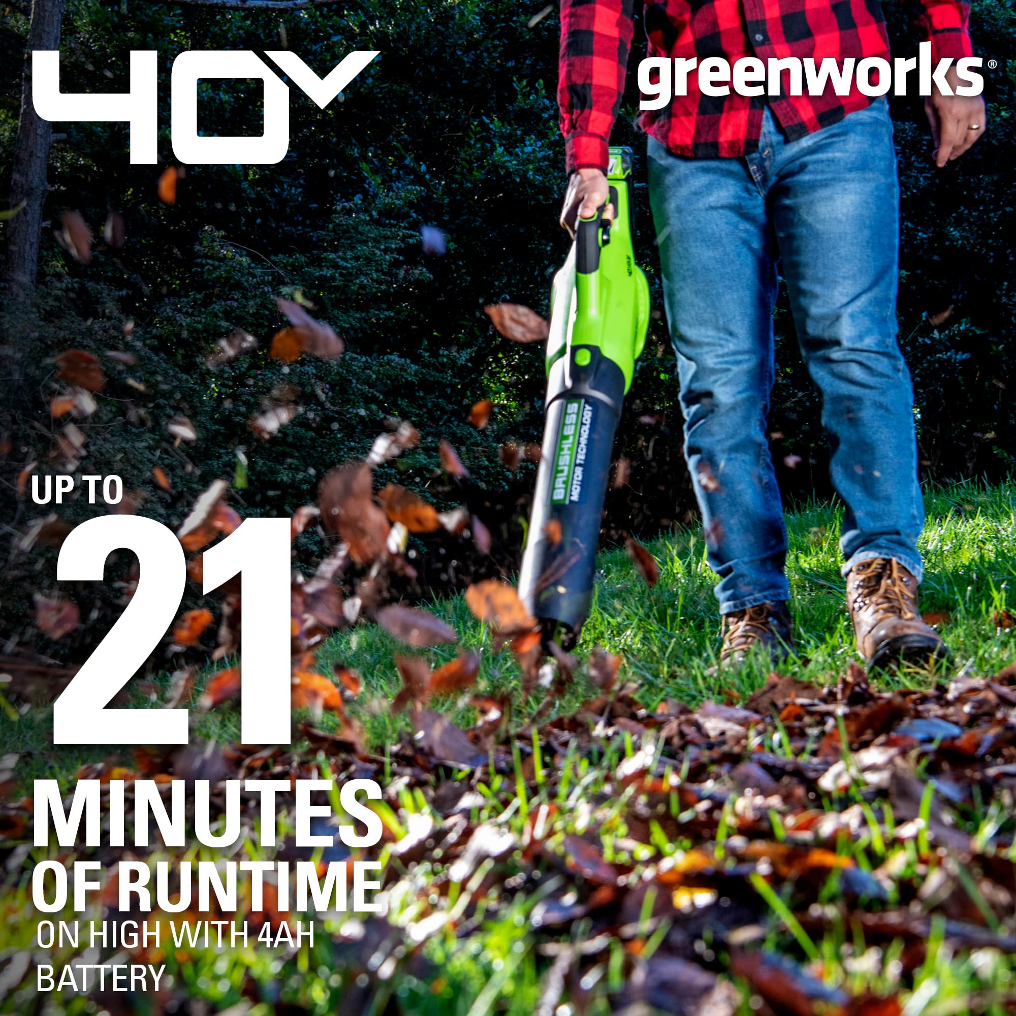 Greenworks blower handle and trigger close-up showing variable speed control