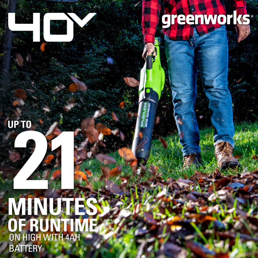 Greenworks blower handle and trigger close-up showing variable speed control