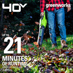 Greenworks blower handle and trigger close-up showing variable speed control