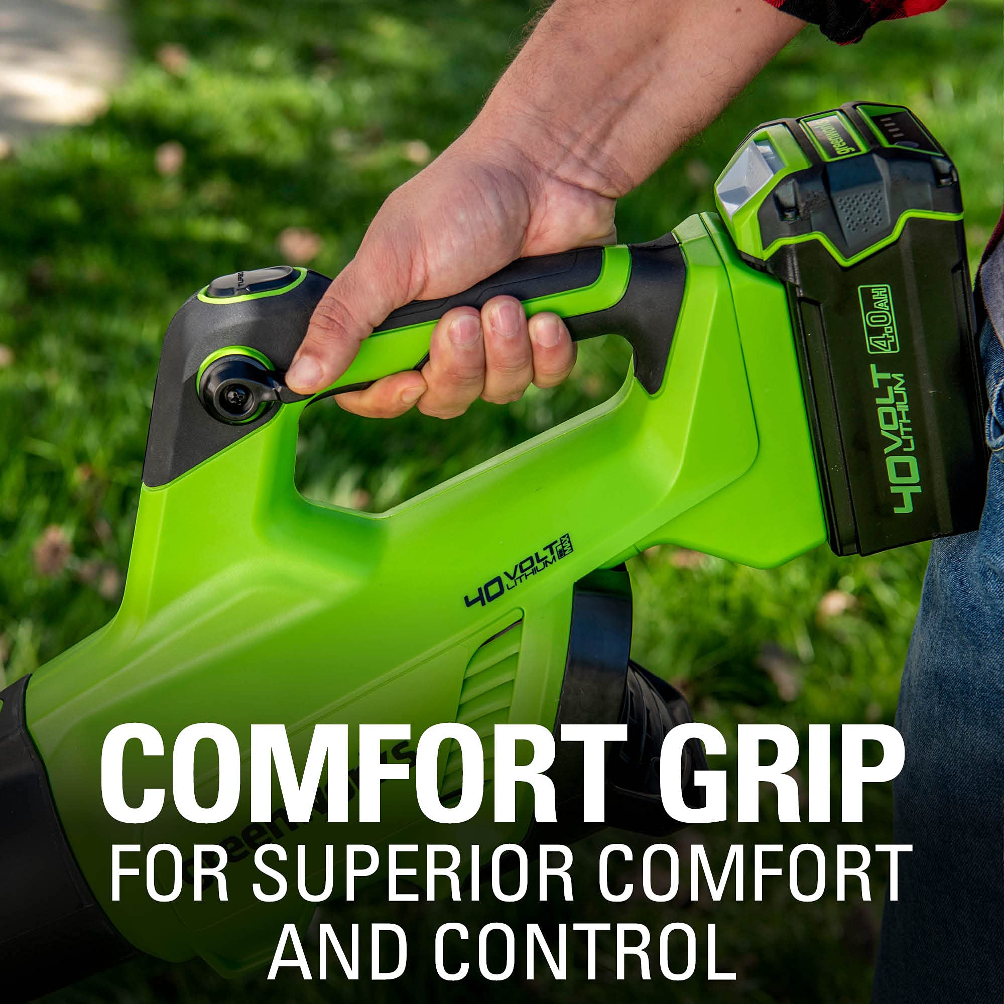Greenworks blower in use clearing patio debris showing fast cleanup benefit