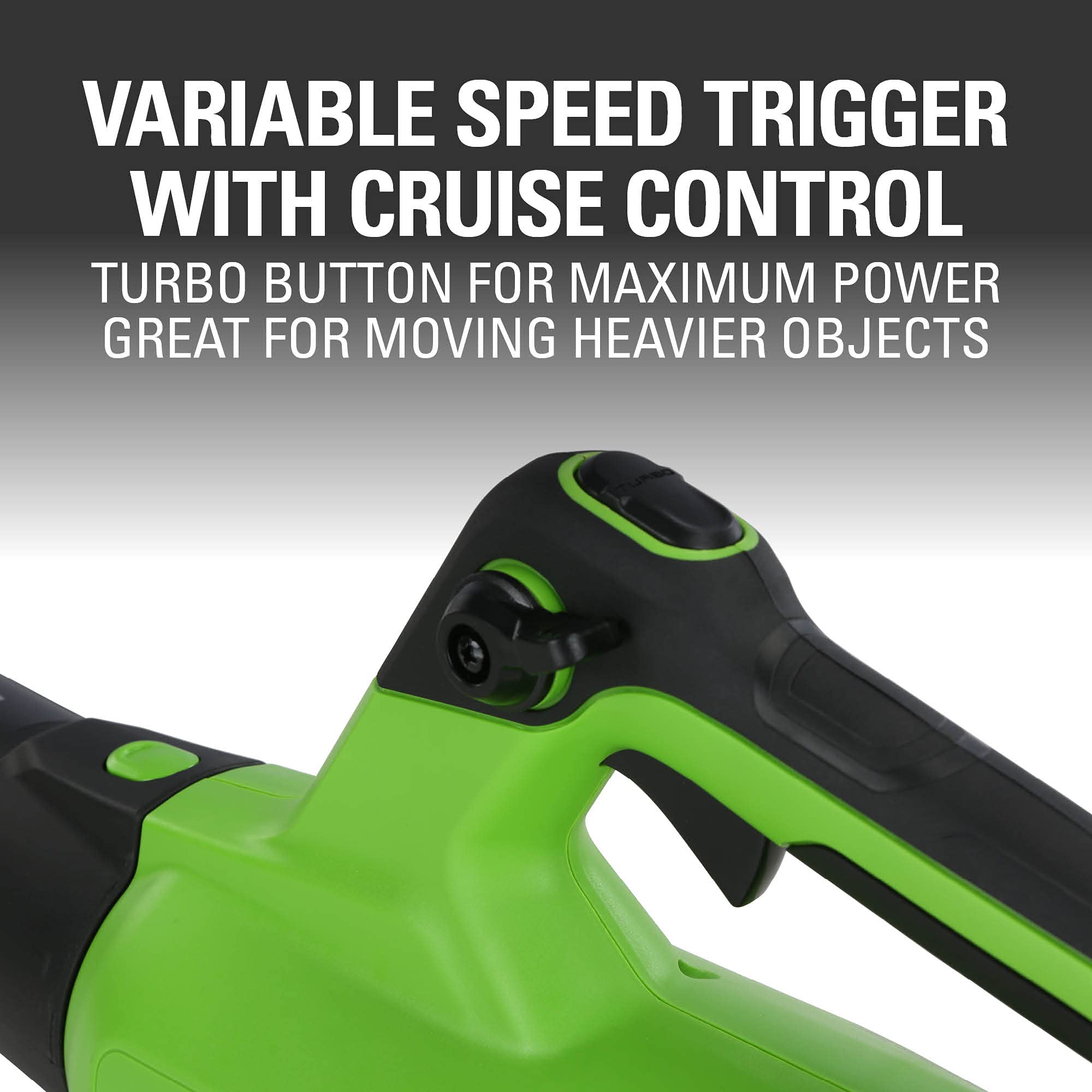Greenworks blower beside common yard tools showing size and portability benefits