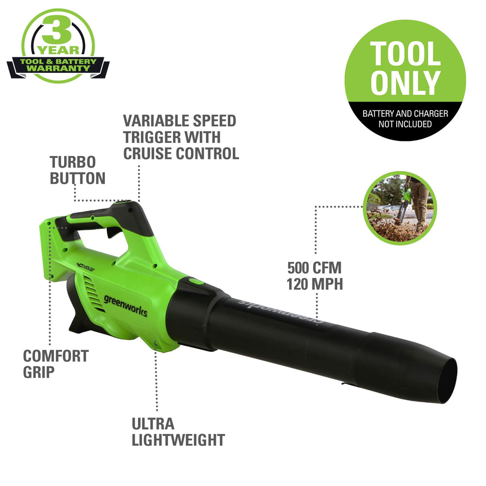 Greenworks blower side profile highlighting lightweight balance and control
