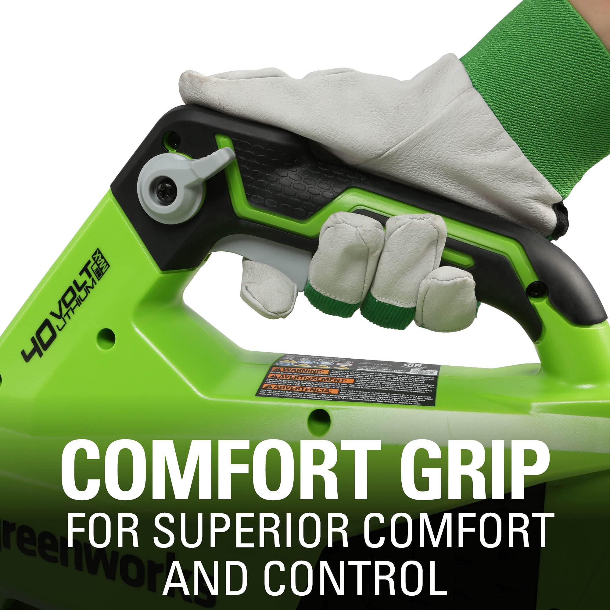 Greenworks speed control detail showing variable and turbo settings for task flexibility