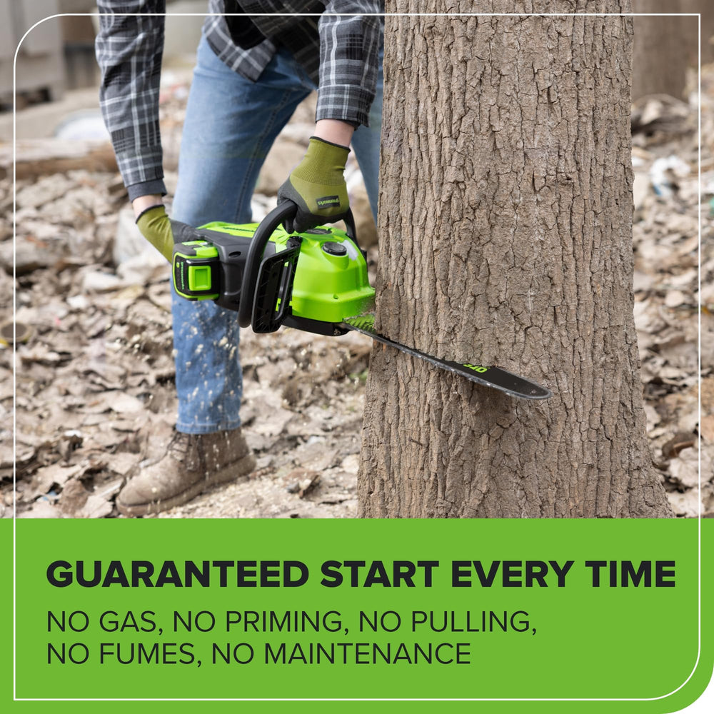 Greenworks chainsaw side profile highlighting lightweight construction benefit