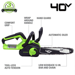 Greenworks 40V chainsaw side profile highlighting low-recoil bar for easier control