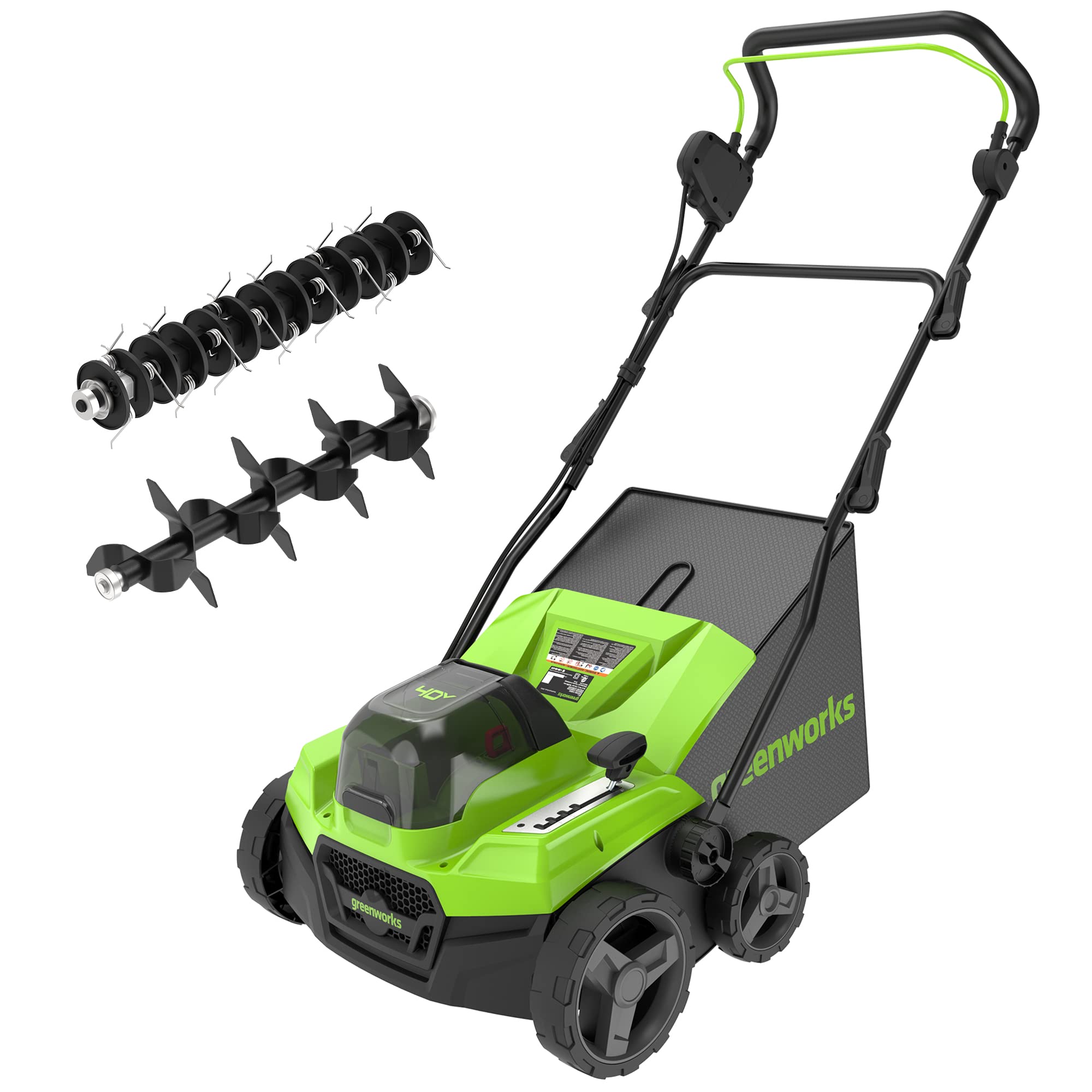 Greenworks 40V front view showing compact dethatcher for easy storage