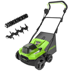 Greenworks 40V front view showing compact dethatcher for easy storage