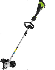 Greenworks 40V edger front view showing blade and controls, clear operation benefit